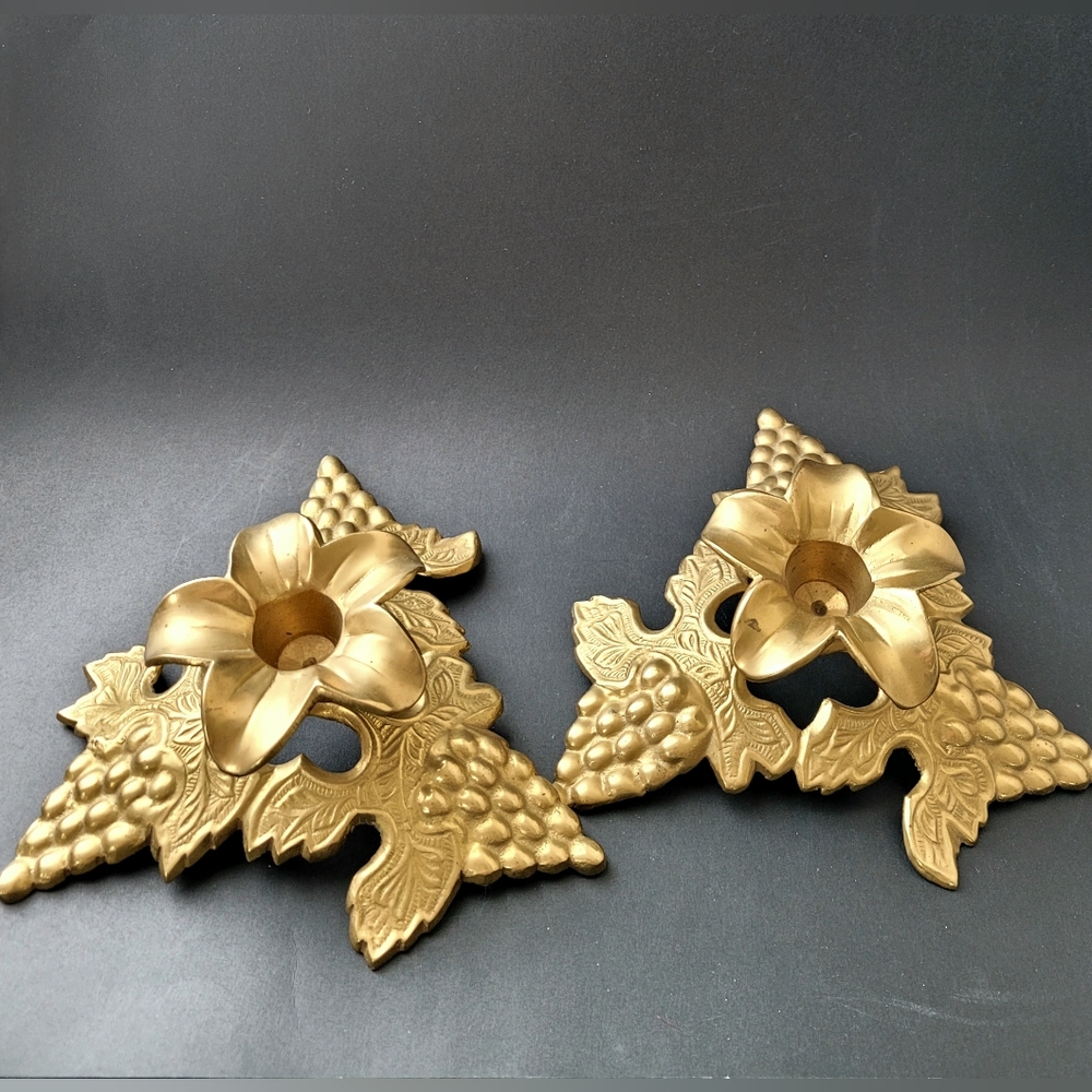 Set of Vintage Heavy Brass Grape Vine Candle holders, Brass Candlestick Holders